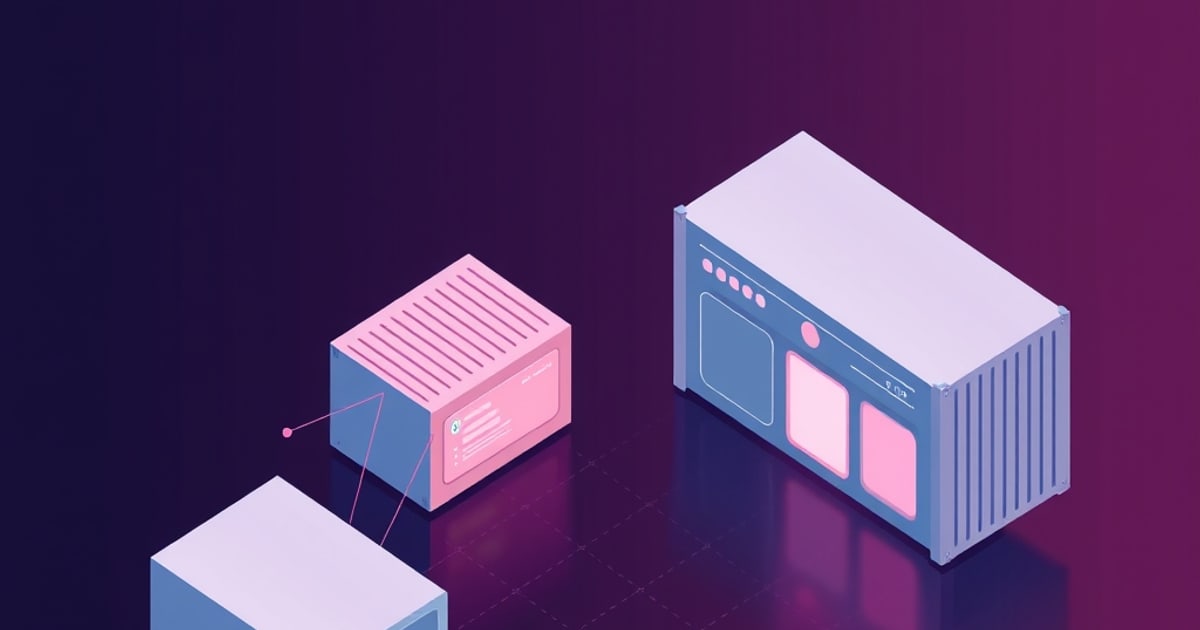 Isometric pink and lavender containers linked by thin lines on a dark purple grid, standing in for Docker containers and their mapped network ports