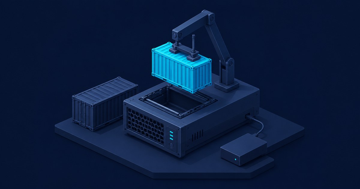 Isometric 3D scene of a robotic crane lifting a cyan shipping container above a dark server-like Docker platform.