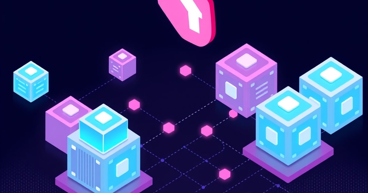 Flat isometric illustration of cyan and violet container cubes on purple plinths linked by dashed lines, with a pink badge and white arrow overhead