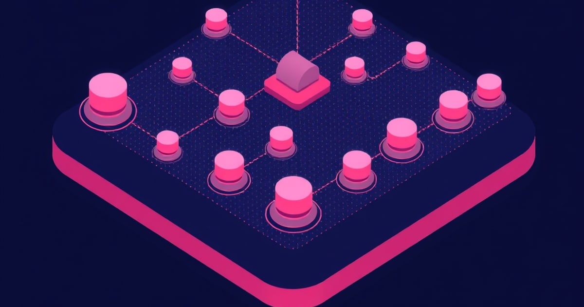 Flat isometric illustration of a dark board of connected glowing cylinder nodes surrounding one central rounded module, suggesting a local model stack.