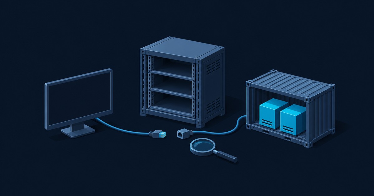 Blank monitor with a cable unplugged from a shipping container holding two blue boxes, beside an empty server rack and a magnifying glass on dark navy.
