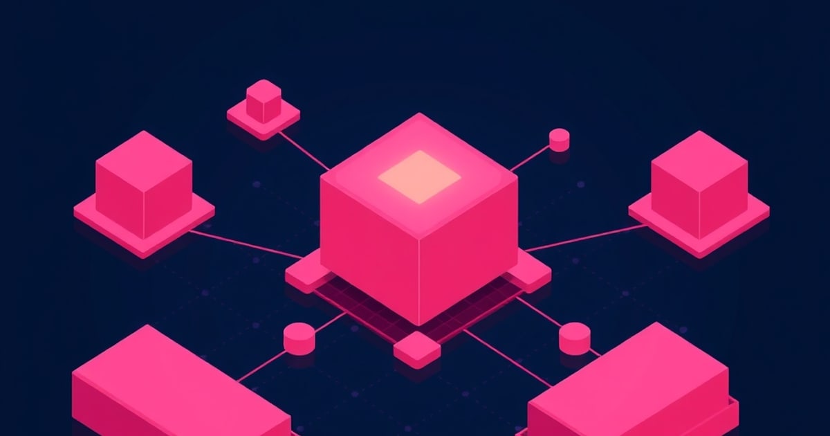 Flat isometric illustration of a large pink cube with a glowing amber top panel linked by thin lines to smaller pink cubes and pucks on dark navy