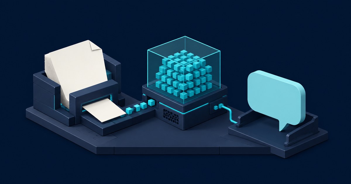 Isometric 3D scene of a document feeder linked through a glowing cube data processor to a blank chat bubble on a dark blue base.