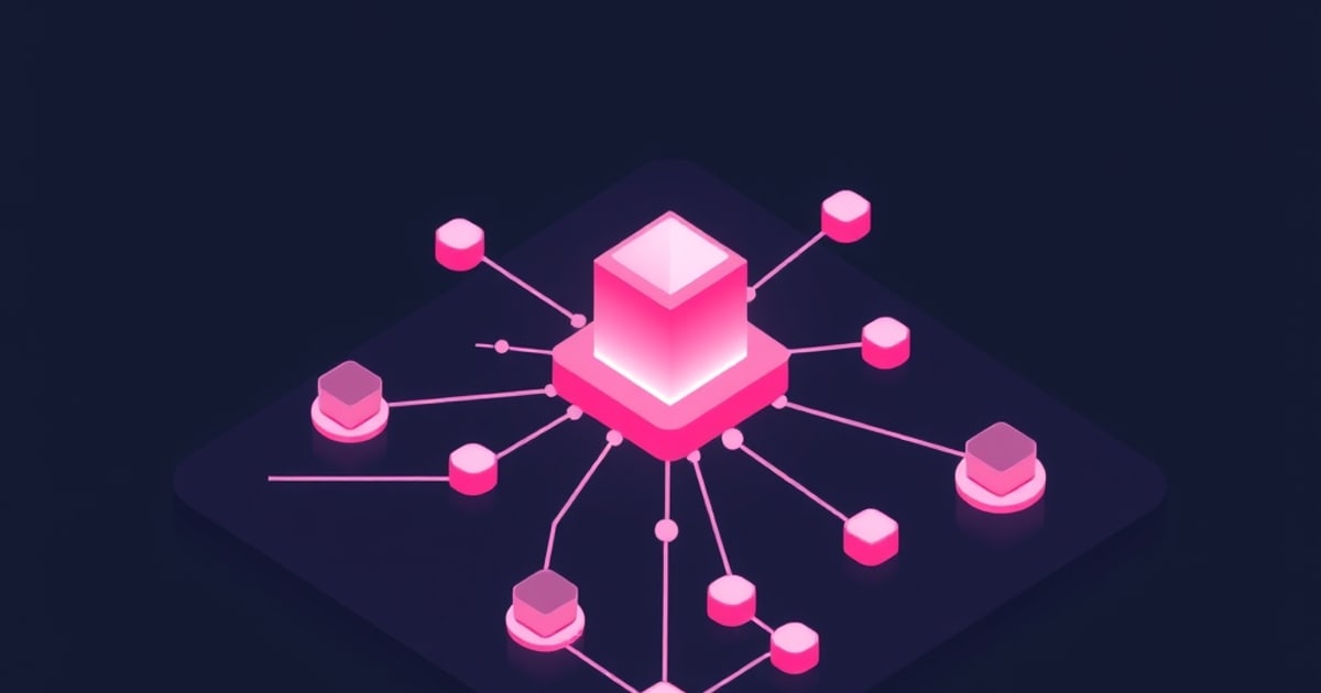 Flat isometric illustration of a glowing pink cube on a stepped plinth with lines radiating to a dozen small pink pucks across a dark slab