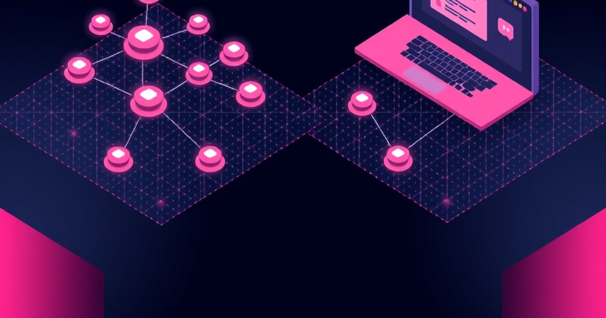 Two isometric grid platforms side by side, one with a network of glowing pink nodes, the other a pink laptop showing a chat interface